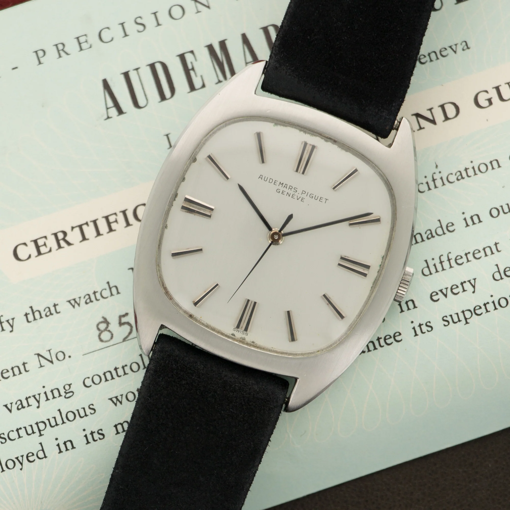 Audemars Piguet Steel Cushion Shaped Strap Watch with Original Box & Papers - Image 2