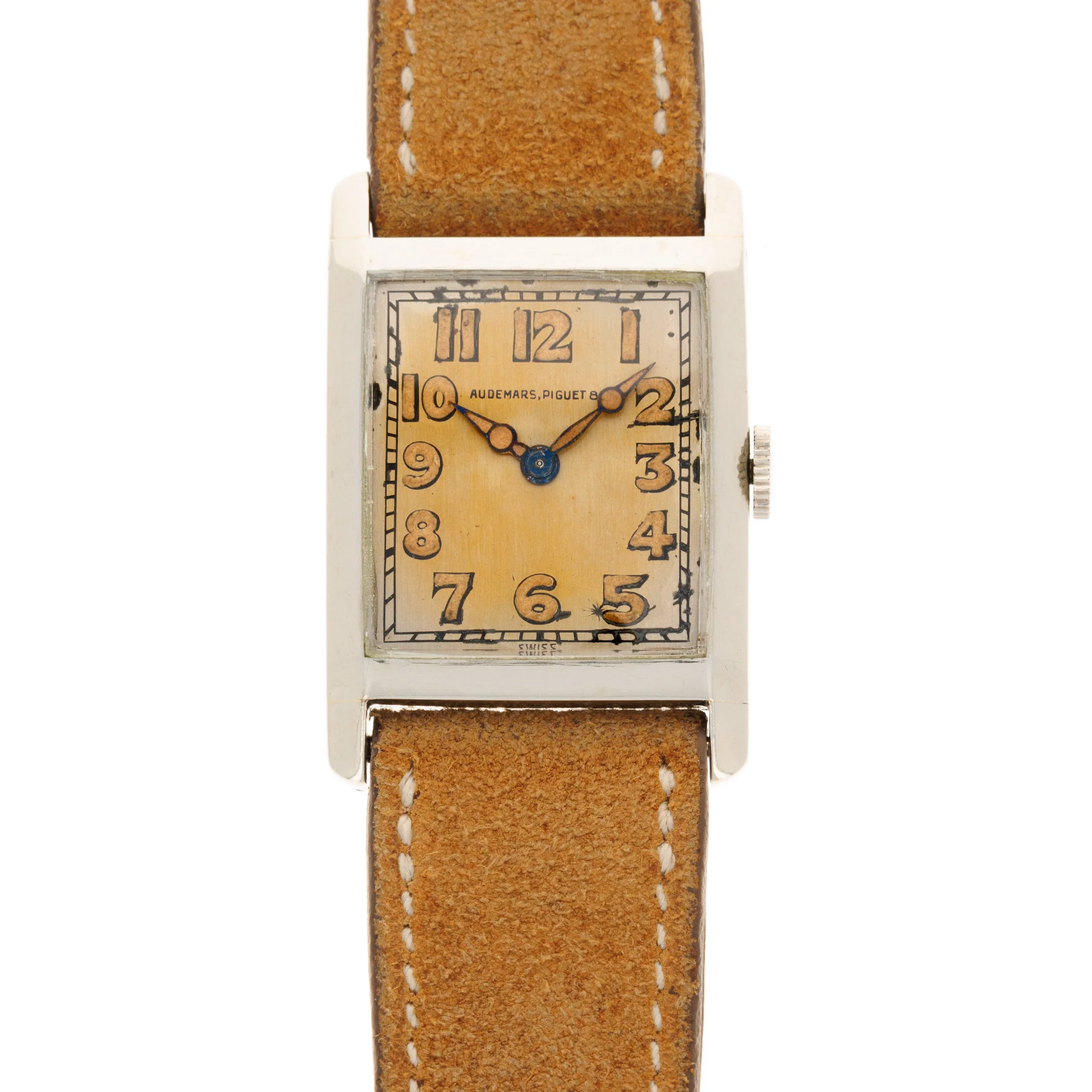 Audemars Piguet White Gold Tank Watch with Luminous Arabic Numerals