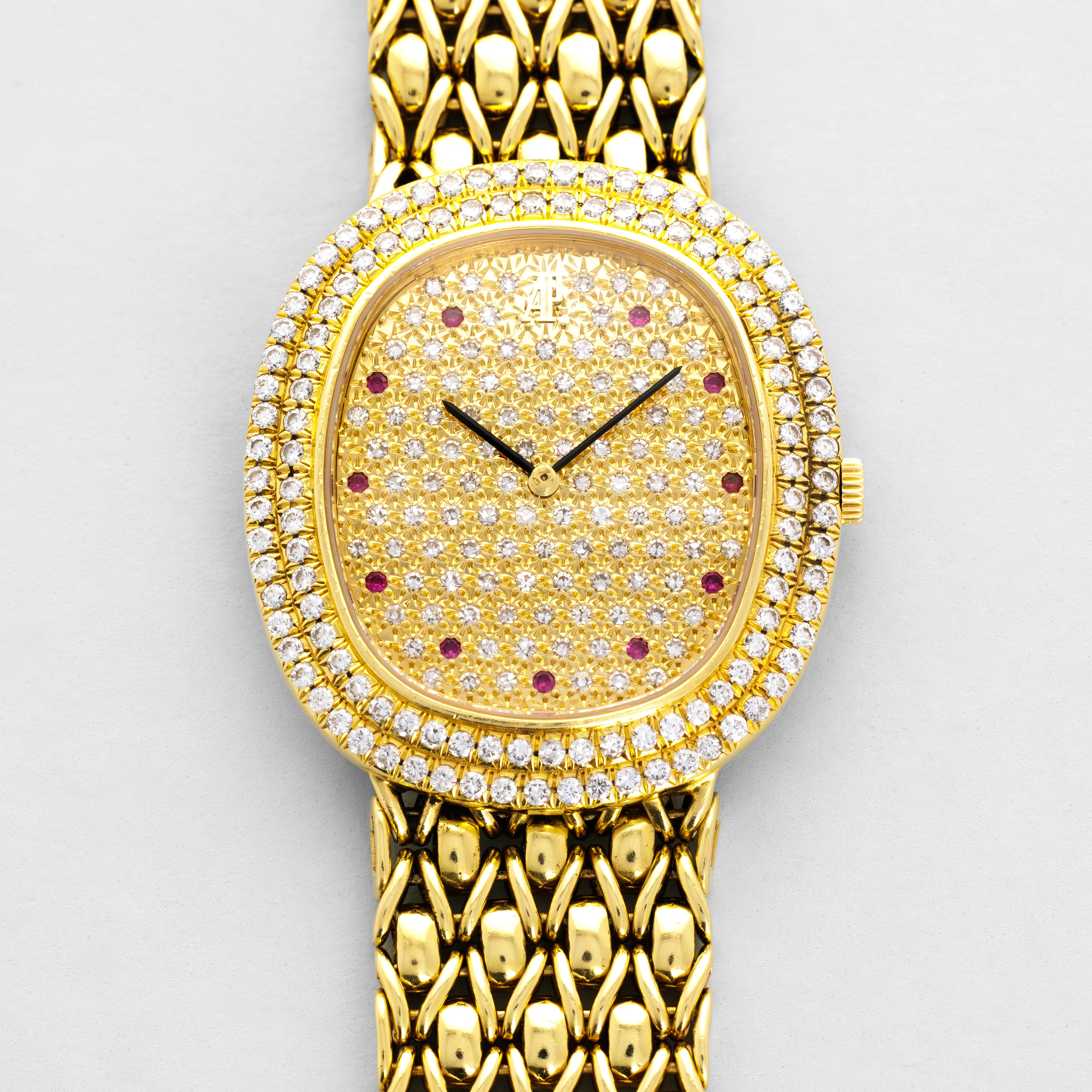 Audemars Piguet Yellow Gold Bracelet Watch with Pave Diamond & Ruby Dial