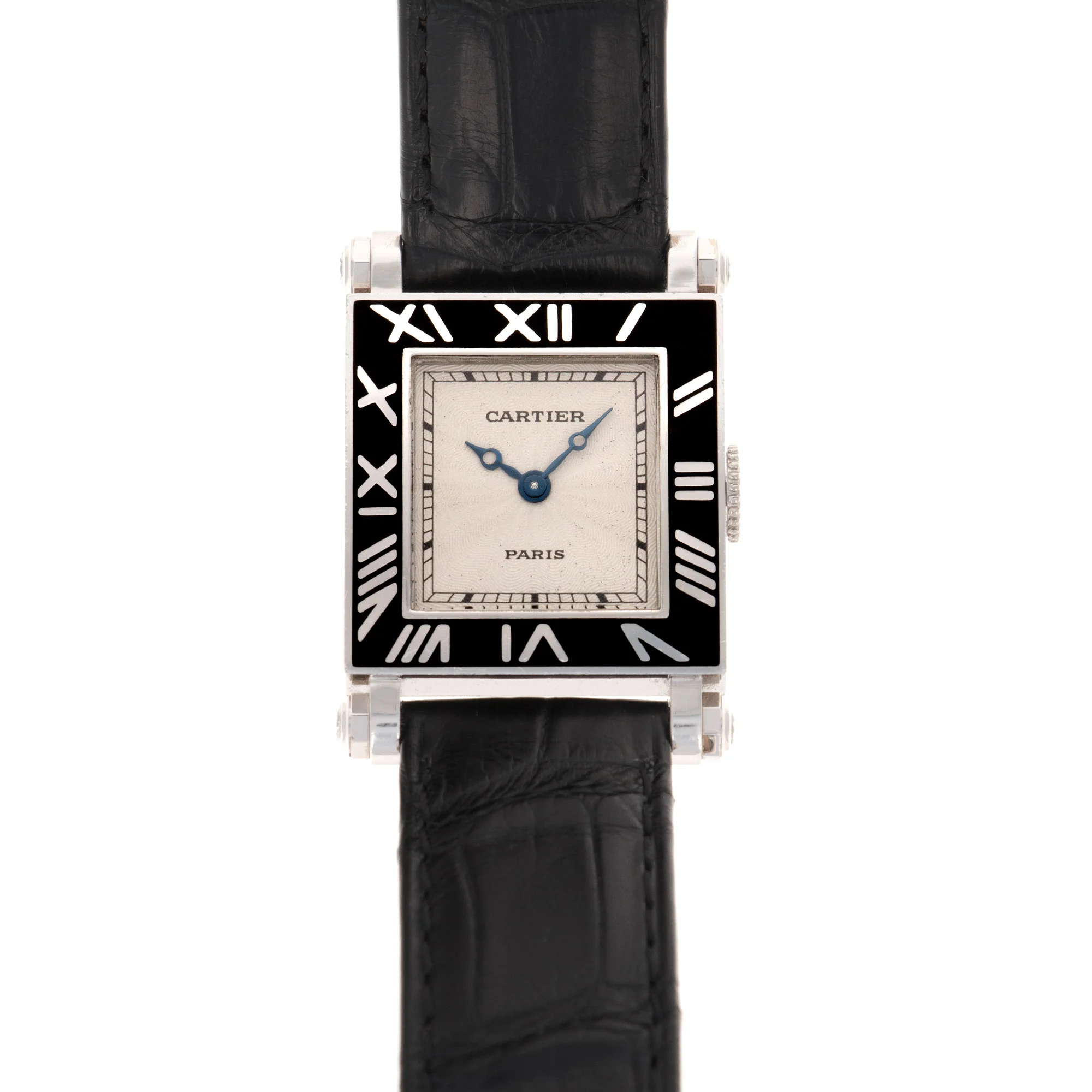 Cartier White Gold Rectangulaire a Pattes Vis Armurier Enamel Tank Watch