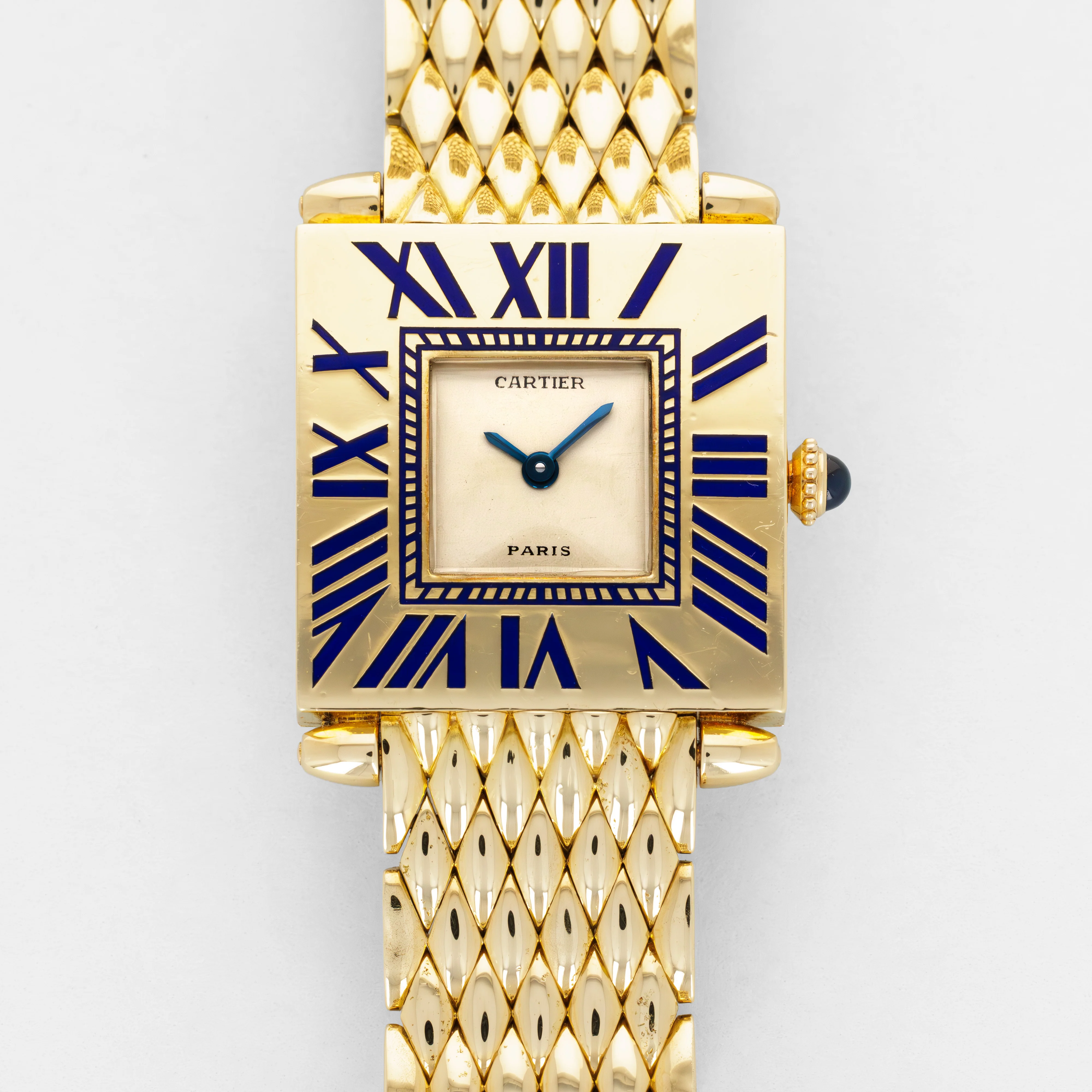 Cartier Yellow Gold Blue Enamel Mecanique Obus Watch
