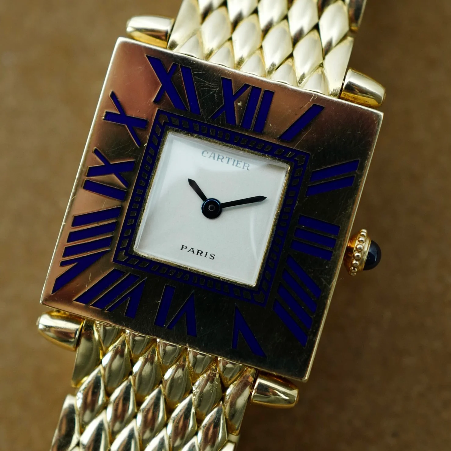 Cartier Yellow Gold Blue Enamel Mecanique Obus Watch - Image 3