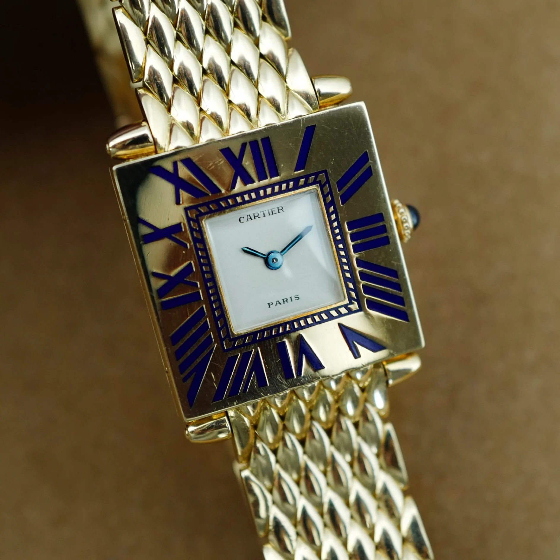 Cartier Yellow Gold Blue Enamel Mecanique Obus Watch - Image 4