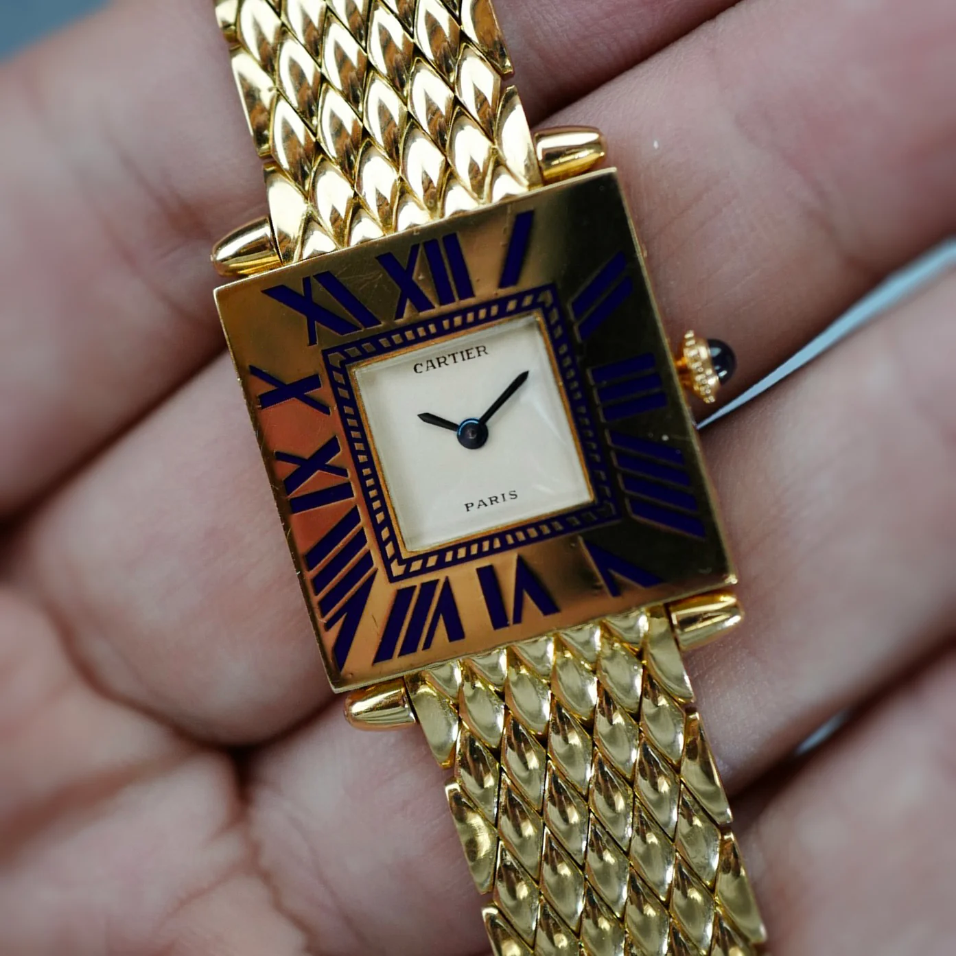 Cartier Yellow Gold Blue Enamel Mecanique Obus Watch - Image 5
