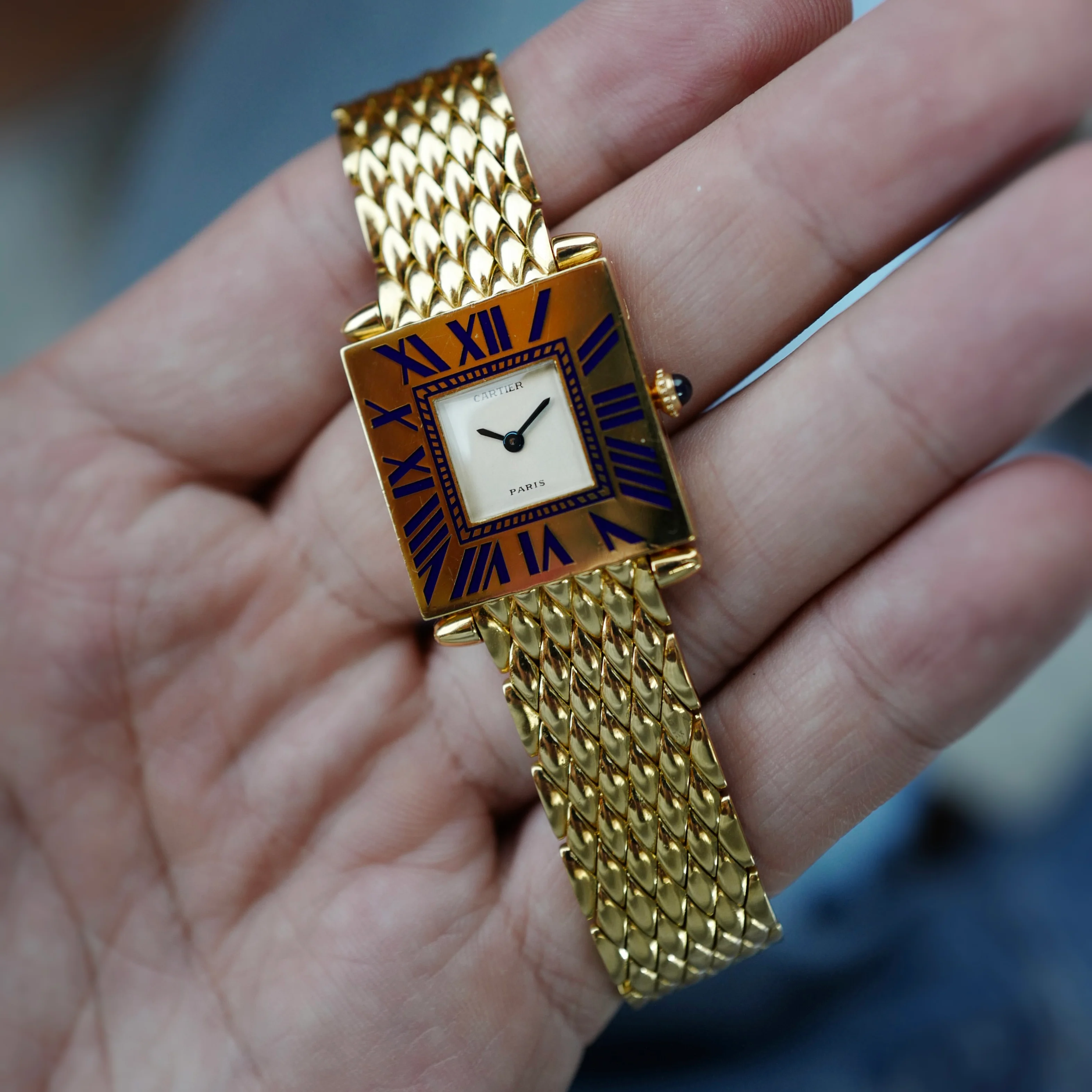 Cartier Yellow Gold Blue Enamel Mecanique Obus Watch - Image 8