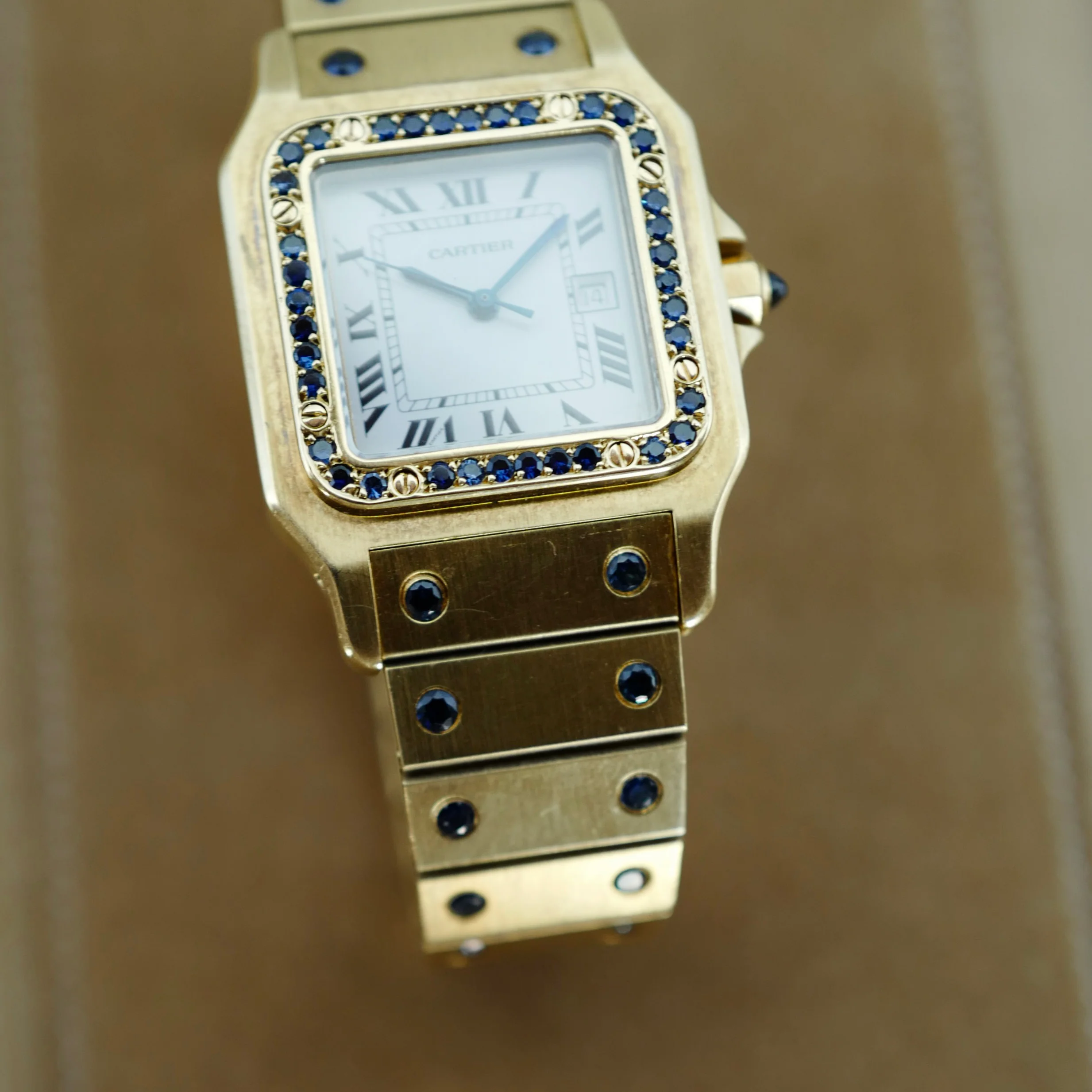 Cartier Yellow Gold Santos Ref. 81736781 with Sapphire Bezel and Bracelet (New Arrival) - Image 6