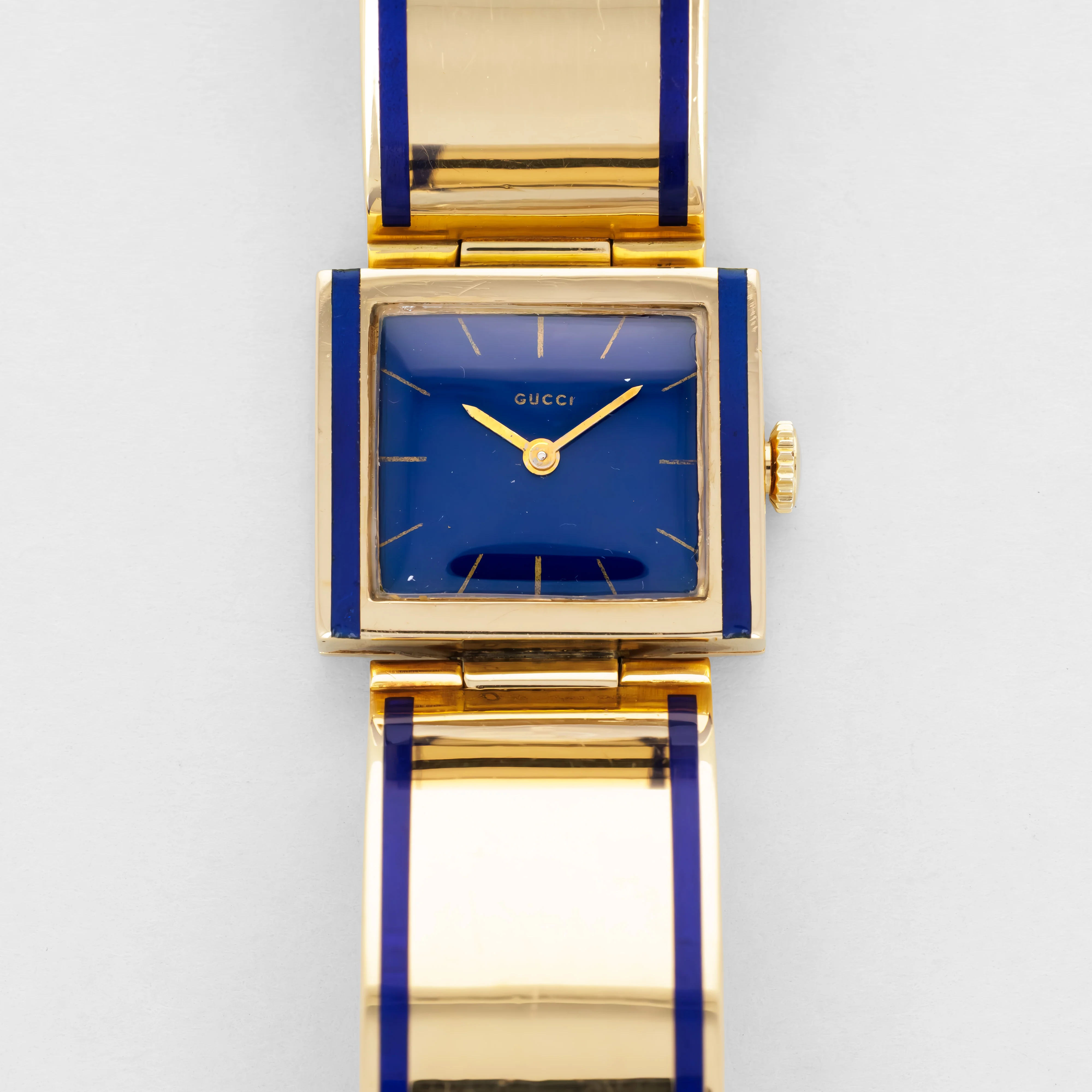 Gucci Yellow Gold Blue Enamel Bracelet Watch with Buckle Clasp (Hidden)