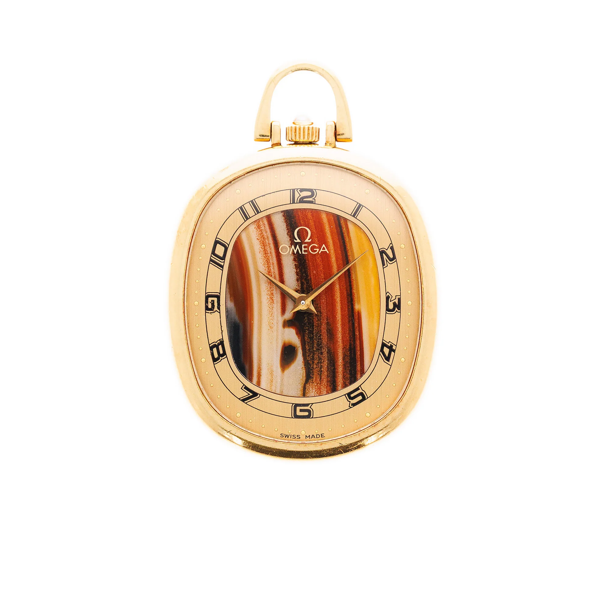 Omega Yellow Gold Pocket Watch with Agate Dial and Pearl Crown