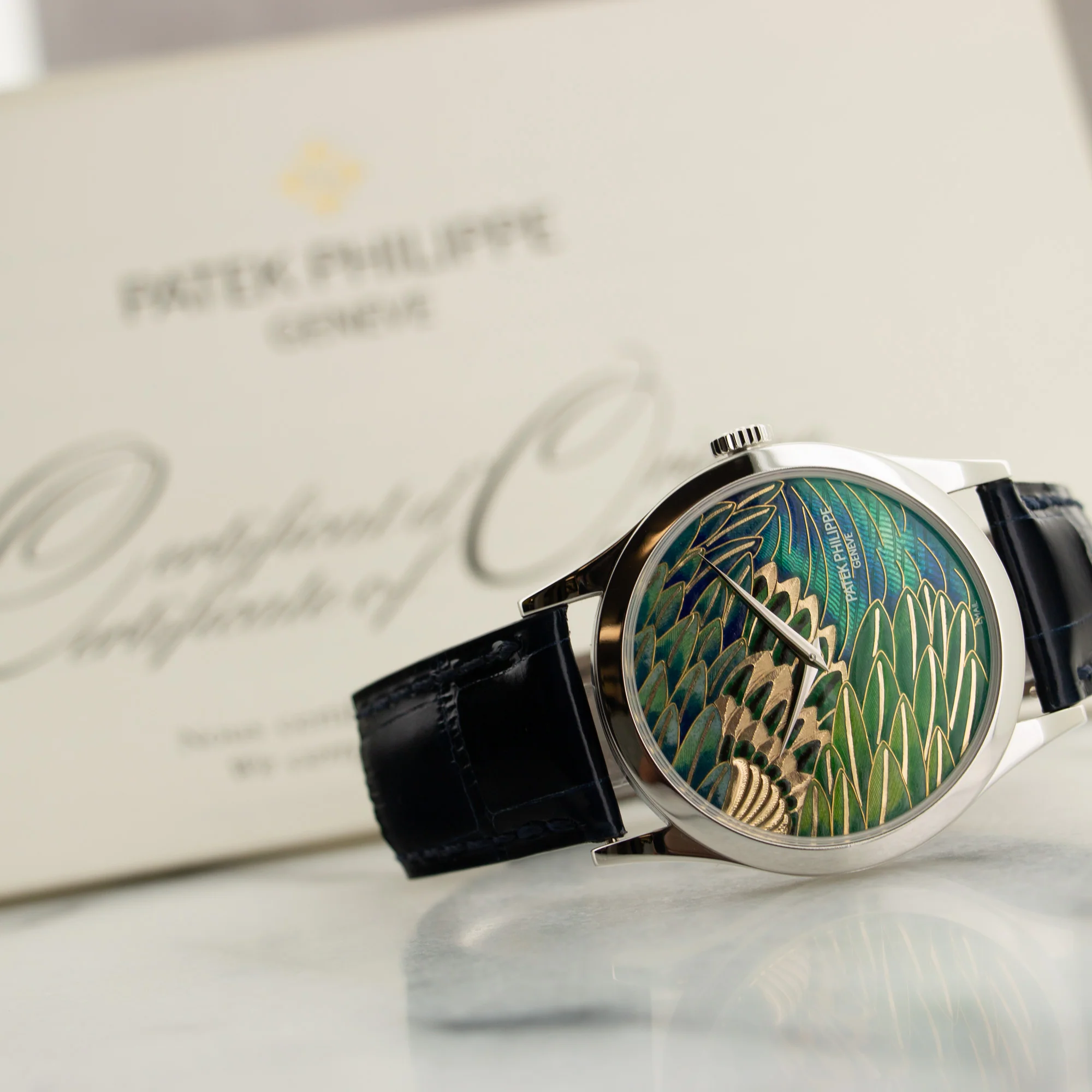 Patek Philippe Platinum Handcrafts Cloisonne Peacock Watch, Ref. 5077 Unworn and Double Sealed - Image 5