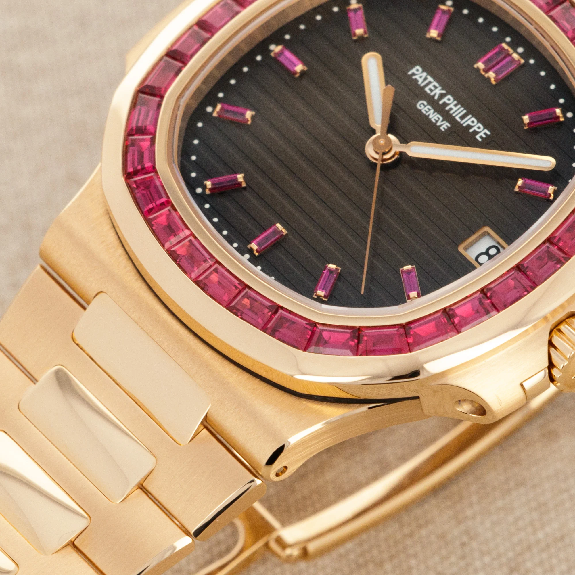 Patek Philippe Rose Gold Nautilus Watch Ref. 5723 with Factory Ruby Dial and Bezel - Image 4
