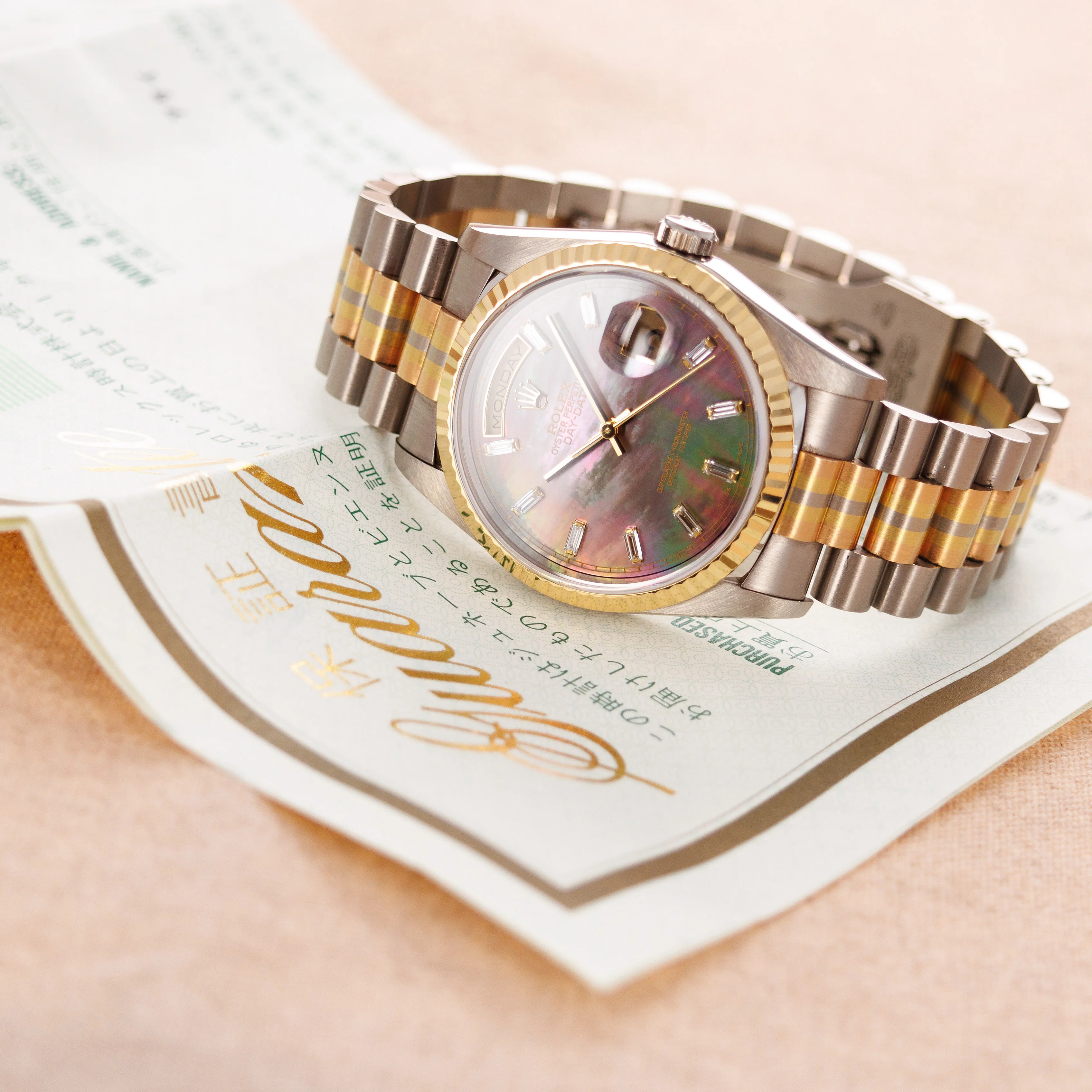 Rolex Tridor Day-Date Ref. 18239 with Mother of Pearl and Baguette Diamond Dial - Image 5