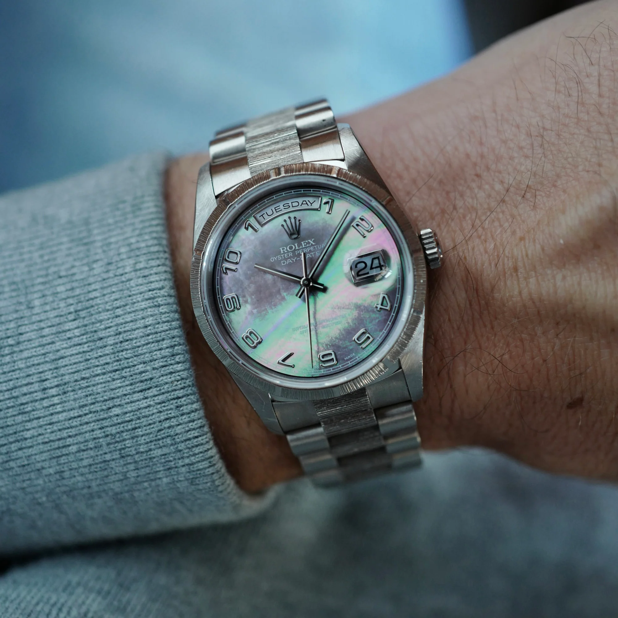 Rolex White Gold Day-Date Ref. 18249 with Original Bark Finish and Mother of Pearl Dial - Image 3