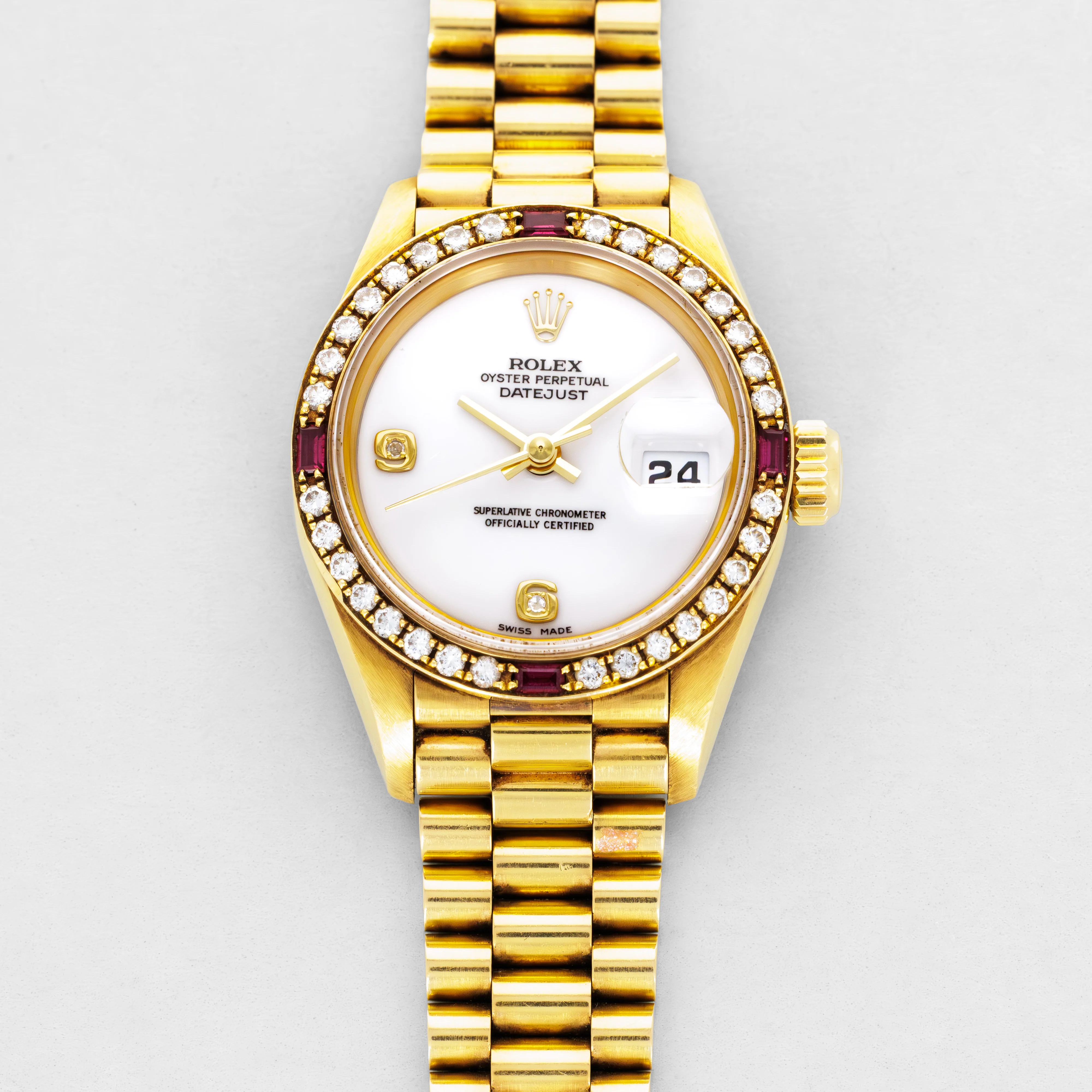 Rolex Yellow Gold Datejust Ref. 69068 with Ruby and Diamond Bezel, Cashalong Dial
