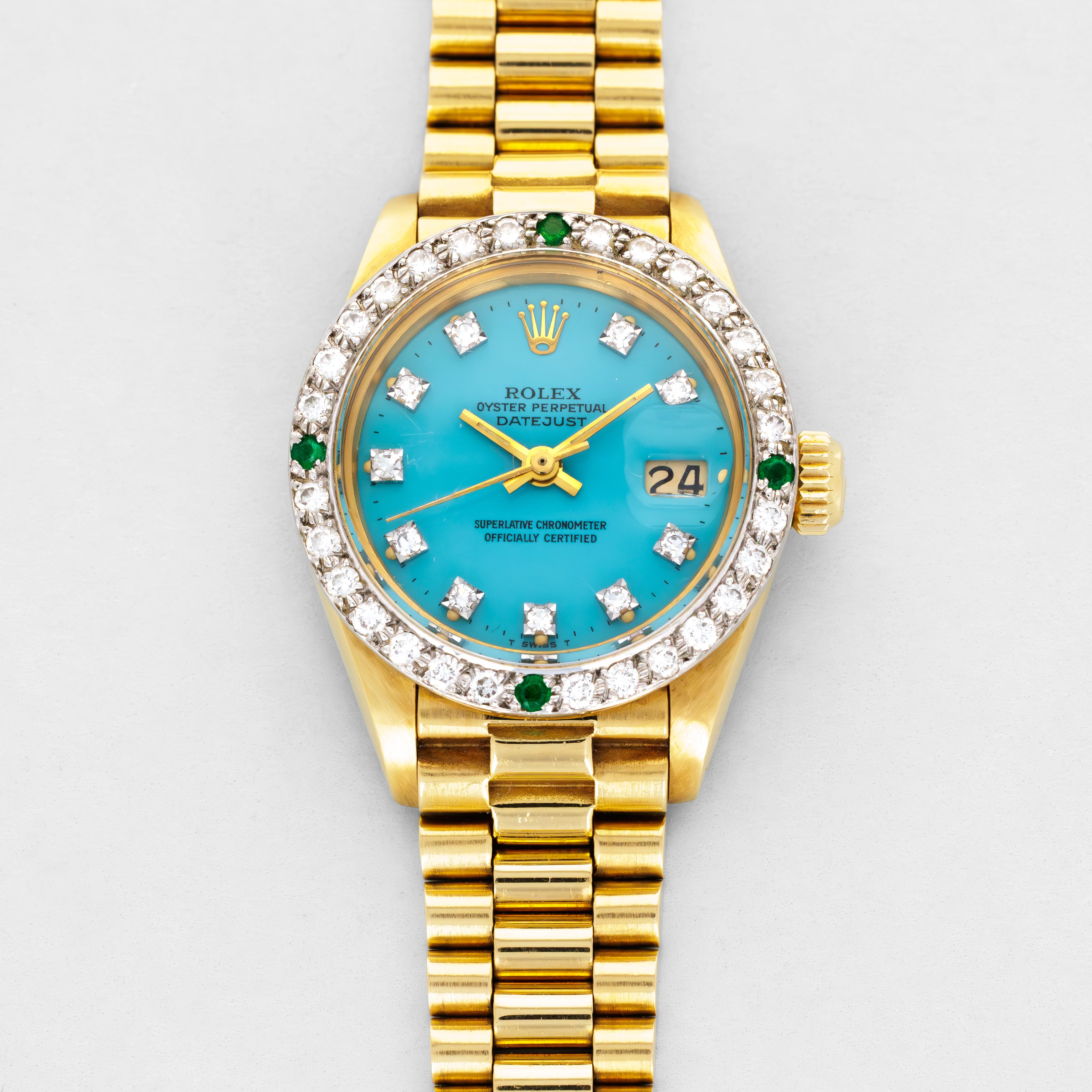 Rolex Yellow Gold Datejust Ref. 6907 Blue Stella Dial with Diamond and Emerald Bezel