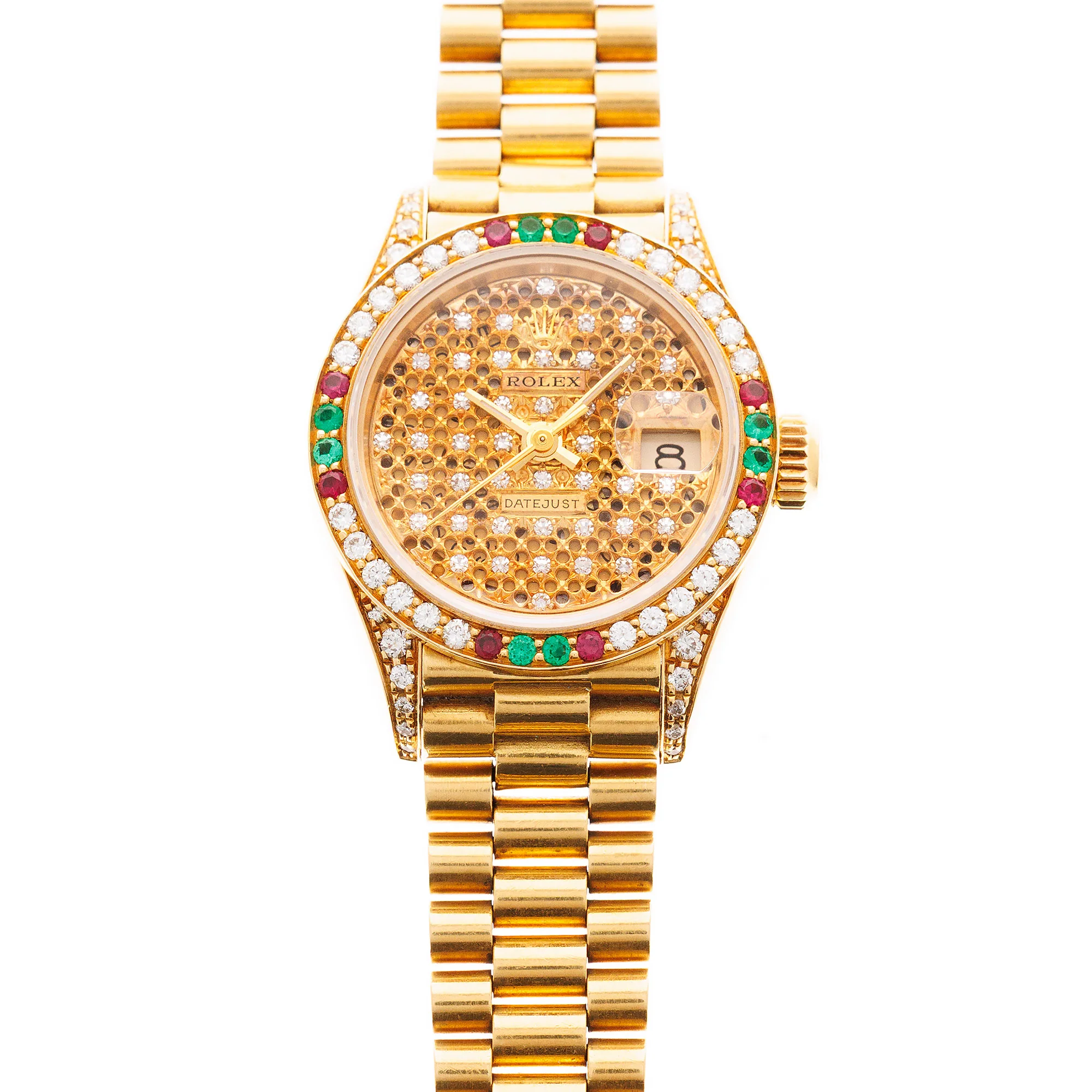 Rolex Yellow Gold Datejust Watch Ref. 69038 with Factory Ruby, Sapphires and Diamonds