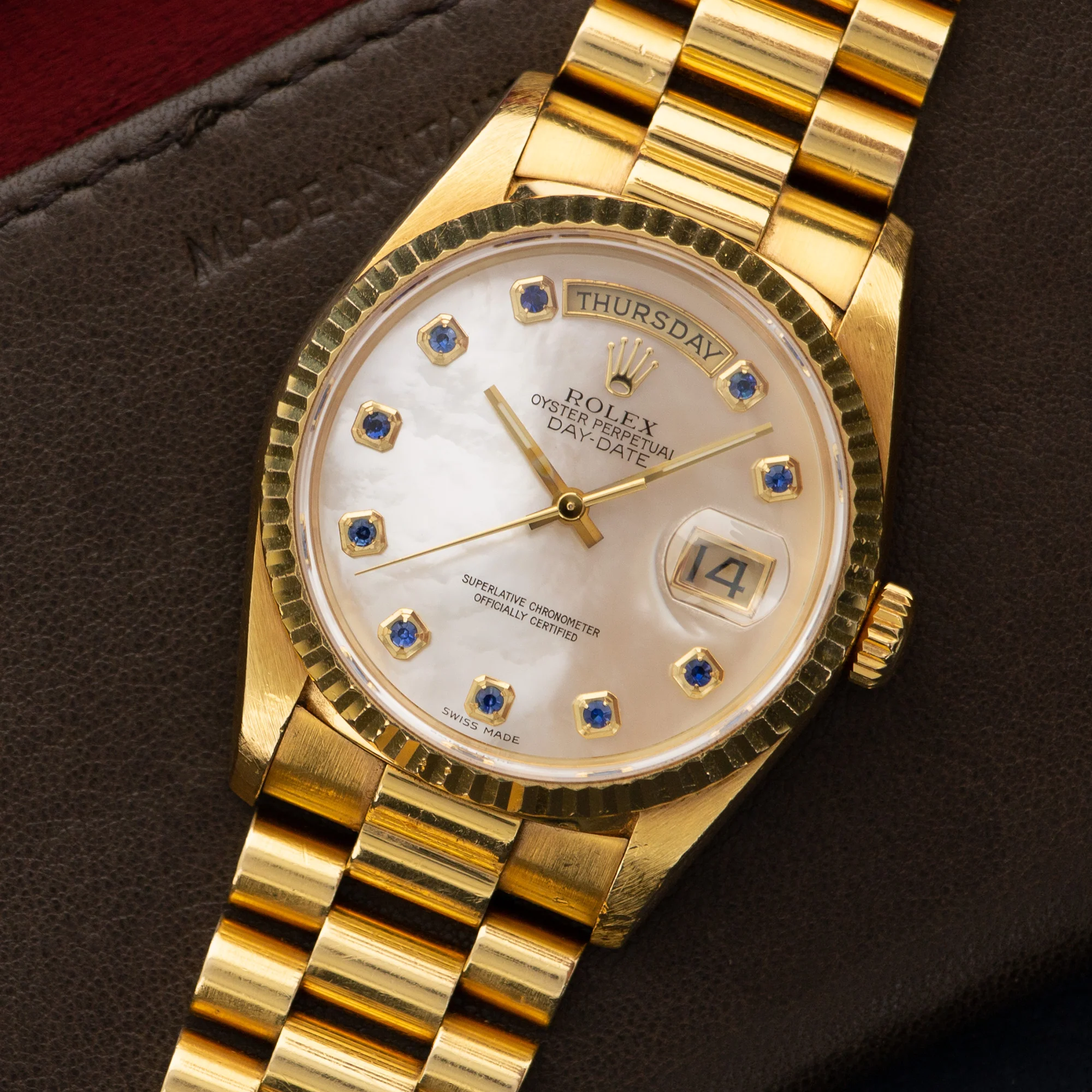 Rolex Yellow Gold Day-Date Mother of Pearl Sapphire Watch Ref. 18238 - Image 2