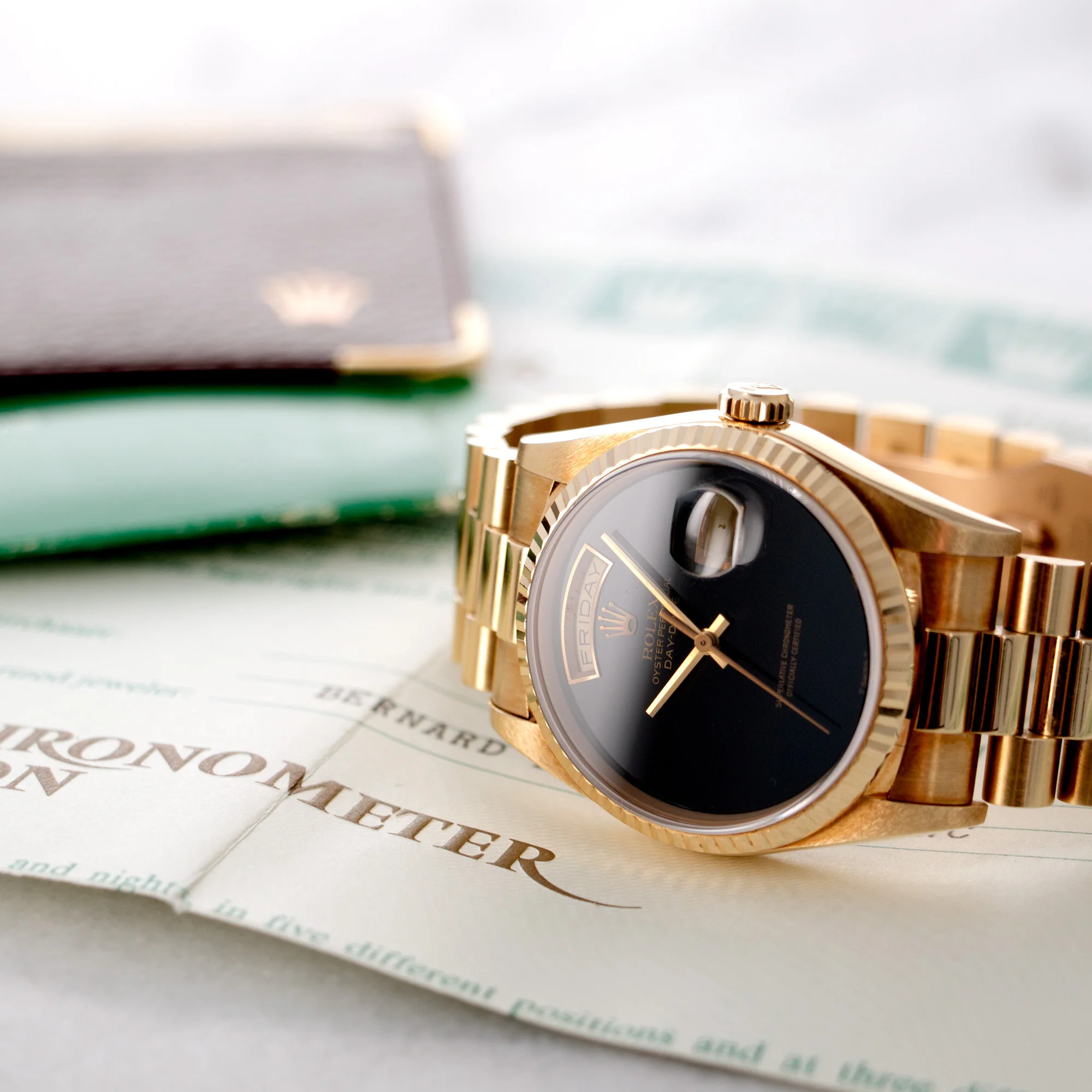 Rolex Yellow Gold Day-Date Onyx Dial Watch, with Original Box and Papers - Image 7