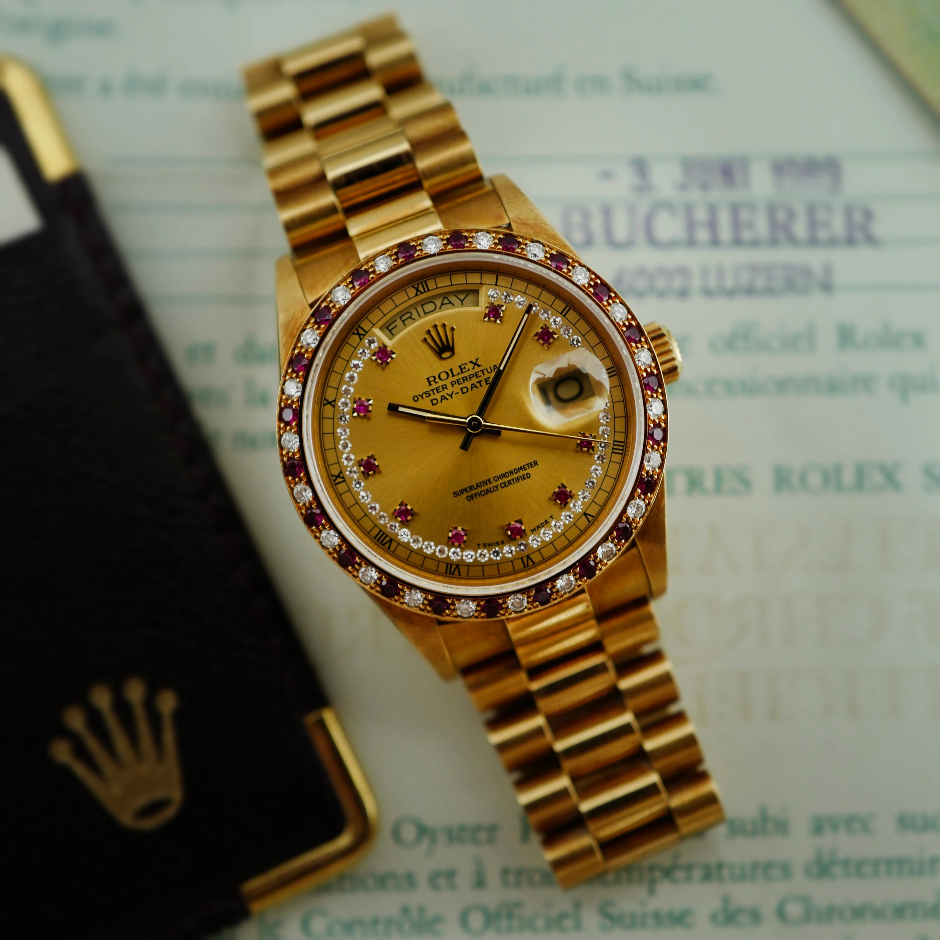 Rolex Yellow Gold Day-Date Ref. 18148 with Diamond & Ruby Bezel and String Dial - Image 2