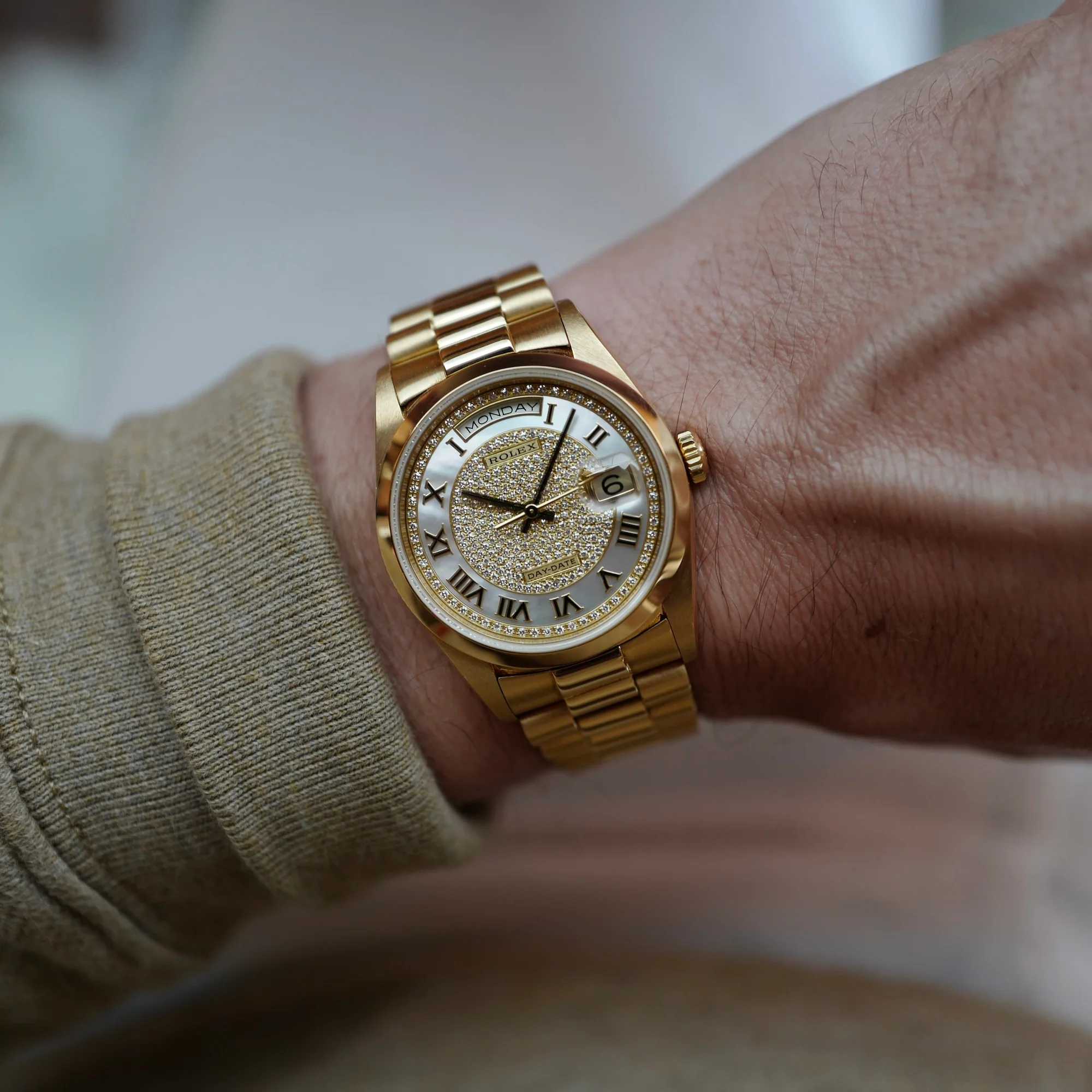 Rolex Yellow Gold Day-Date Watch Ref. 18208 with Mother of Pearl and Diamond Dial - Image 3